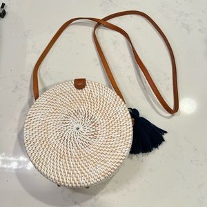 Handwoven Round Rattan Bag Shoulder Leather Straps Natural Chic